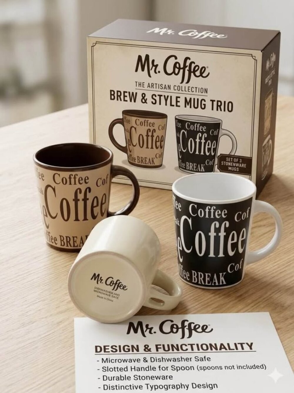 Mr. Coffee Coffee Break Mugs – 3-Piece Set – Black & White, Brown & Mocha